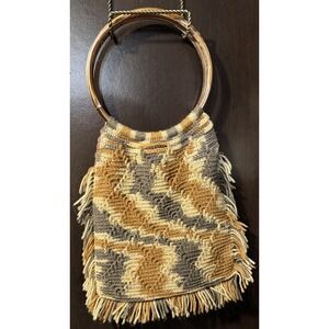 Vintage Crochet Knitted Handbag Womens Tan Gray Fringe Ring Handles Boho 70s